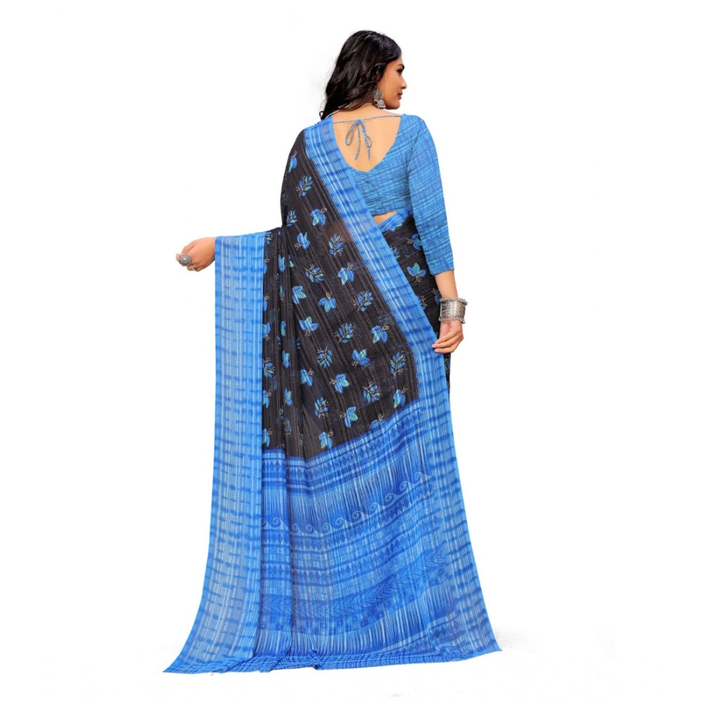 Women's Georgette Printed Saree With Unstitched Blouse (Blue)