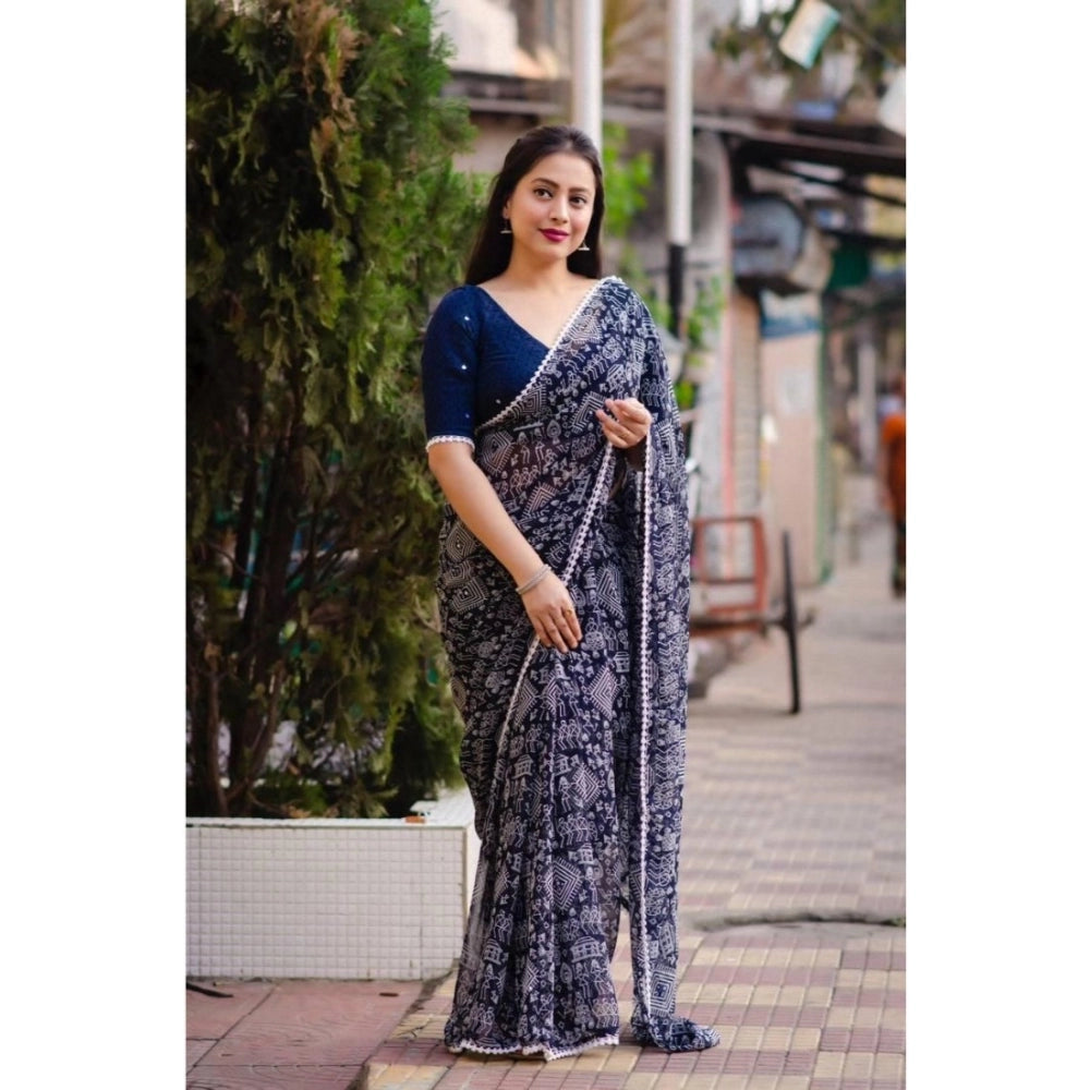 Women's Georgette Printed Saree With Unstitched Blouse (Navyblue)