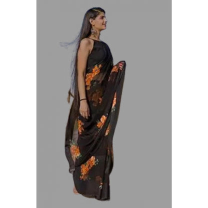 Women's Satin Patta Printed Saree With Unstitched Blouse (Orange)