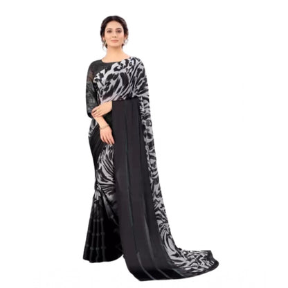 Women's Satin Patta Printed Saree With Unstitched Blouse (Grey)