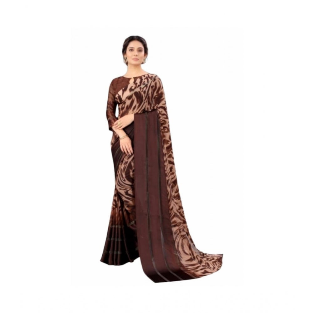 Women's Satin Patta Printed Saree With Unstitched Blouse (Brown)