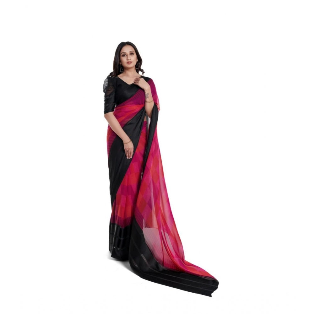 Women's Satin Patta Printed Saree With Unstitched Blouse (Pink)