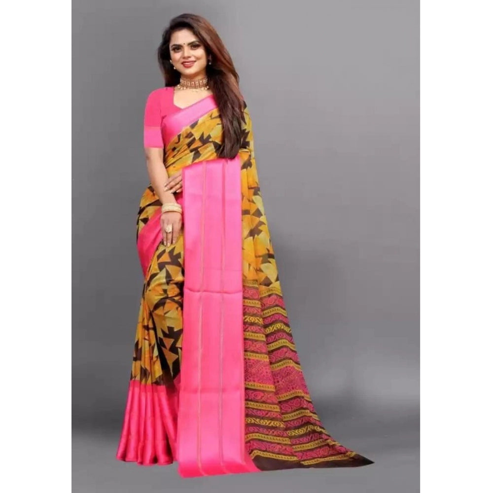 Women's Satin Patta Printed Saree With Unstitched Blouse (Pink)