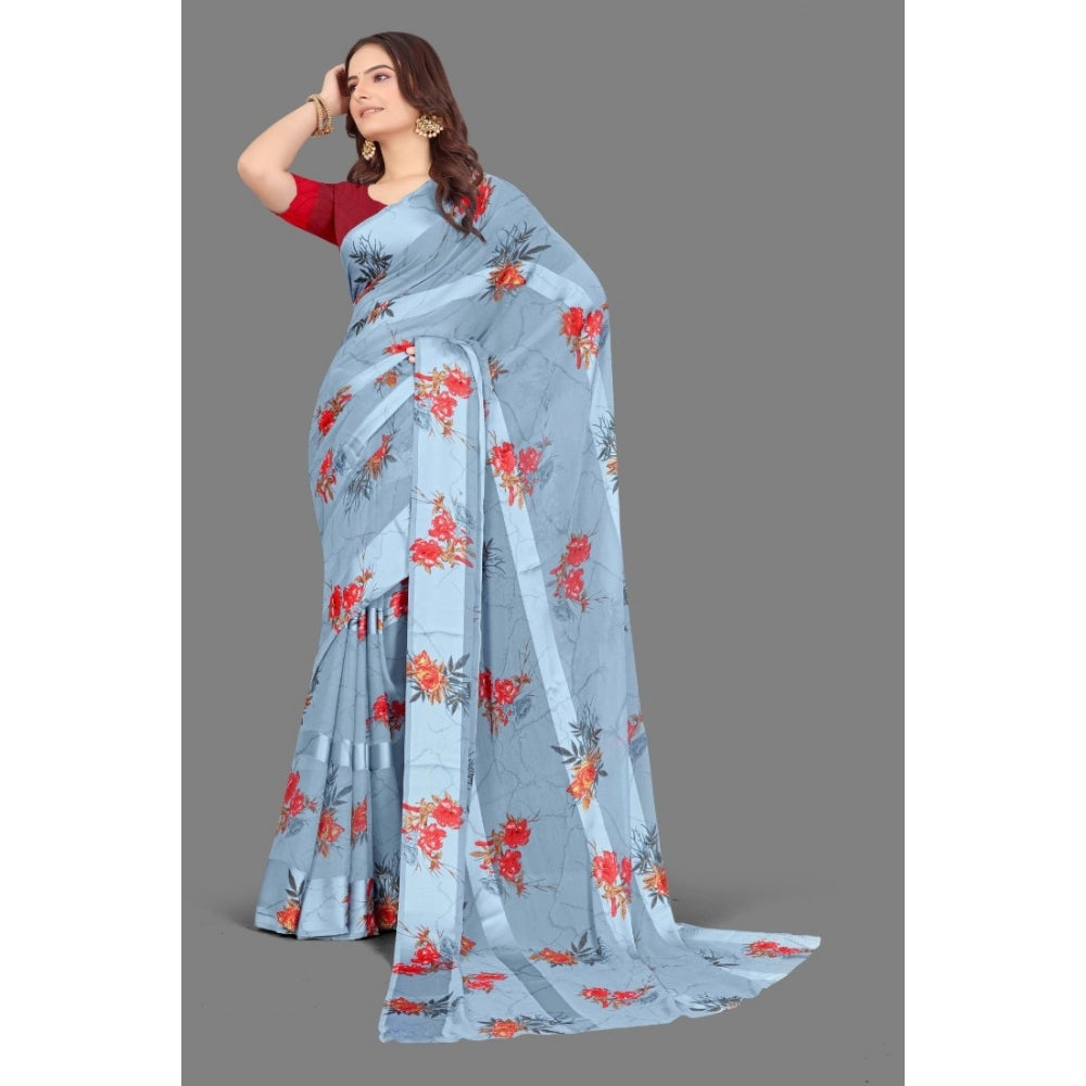 Women's Satin Patta Printed Saree With Unstitched Blouse (Grey)