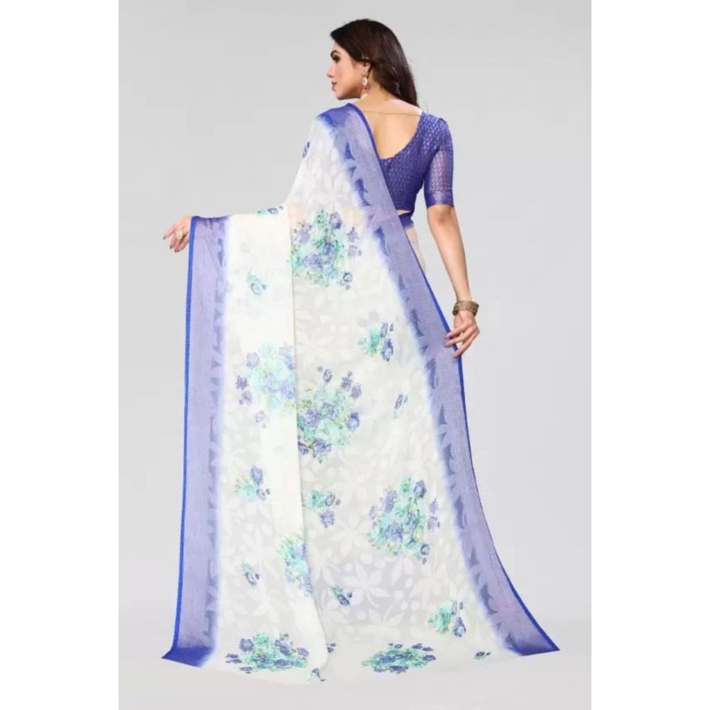 Women's Viscose Rayon Printed Saree With Unstitched Blouse (Blue)