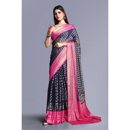 Women's Viscose Rayon Printed Saree With Unstitched Blouse (Navy Blue)