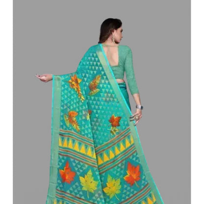 Women's Viscose Rayon Printed Saree With Unstitched Blouse (Teal)