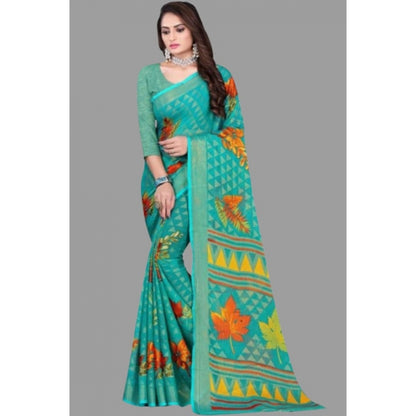 Women's Viscose Rayon Printed Saree With Unstitched Blouse (Teal)