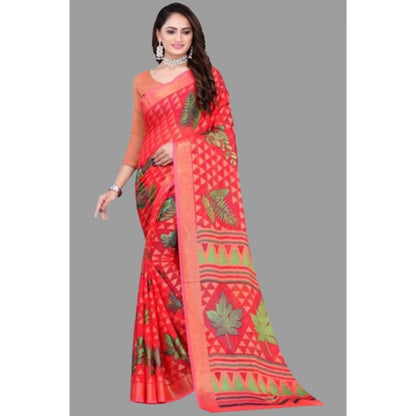 Women's Viscose Rayon Printed Saree With Unstitched Blouse (Red)