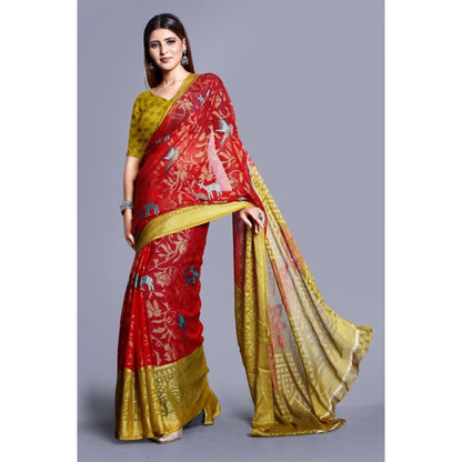 Women's Viscose Rayon Printed Saree With Unstitched Blouse (Red)