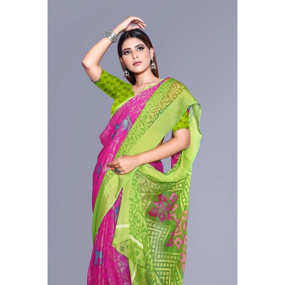 Women's Viscose Rayon Printed Saree With Unstitched Blouse (Pink)