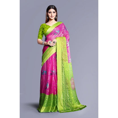 Women's Viscose Rayon Printed Saree With Unstitched Blouse (Pink)