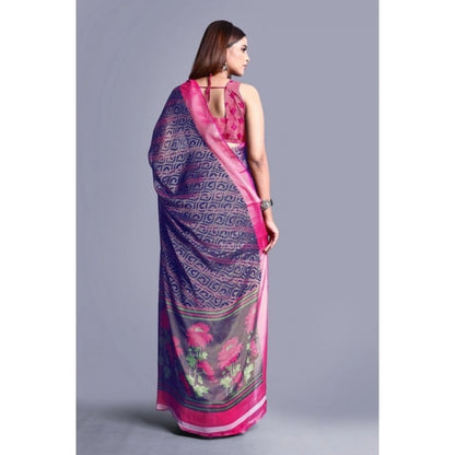 Women's Viscose Rayon Printed Saree With Unstitched Blouse (Navy Blue)