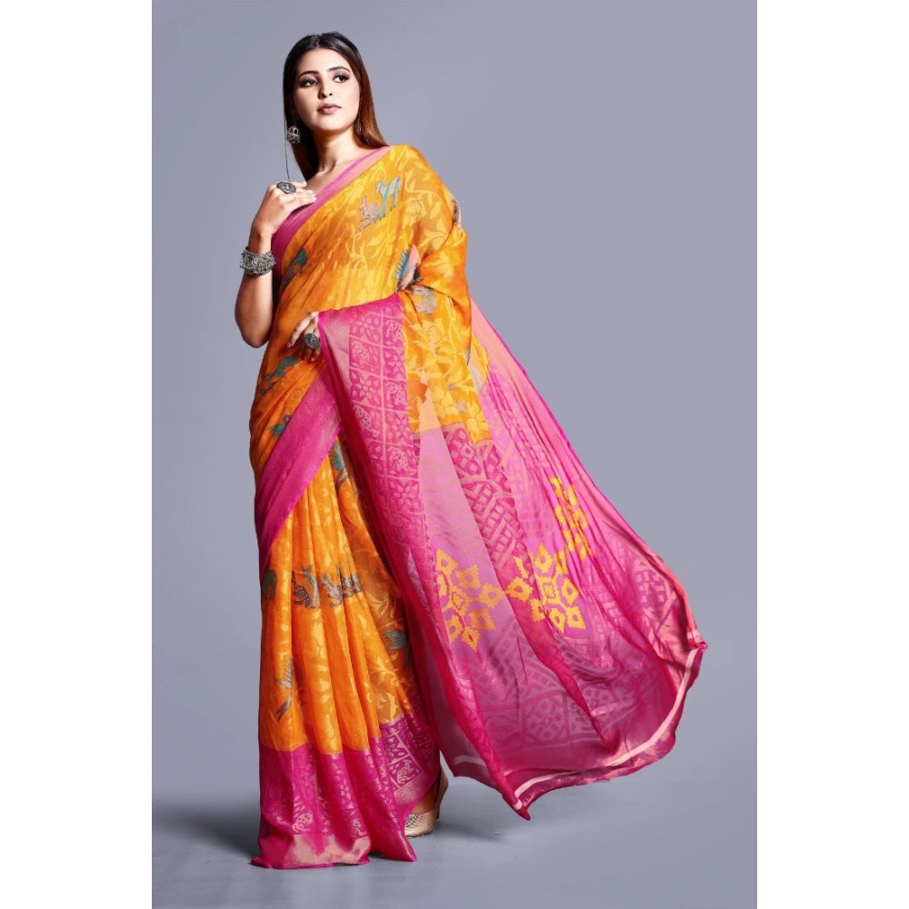 Women's Viscose Rayon Printed Saree With Unstitched Blouse (Yellow)