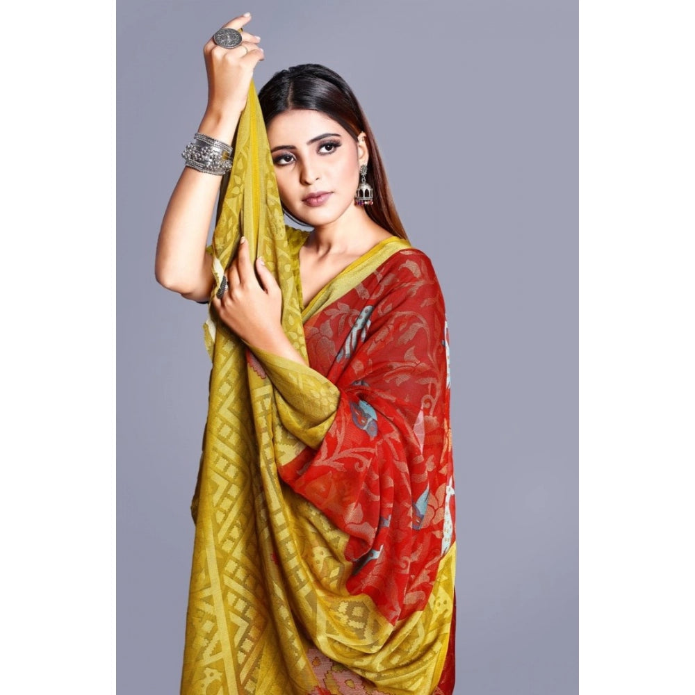 Women's Viscose Rayon Printed Saree With Unstitched Blouse (Red)