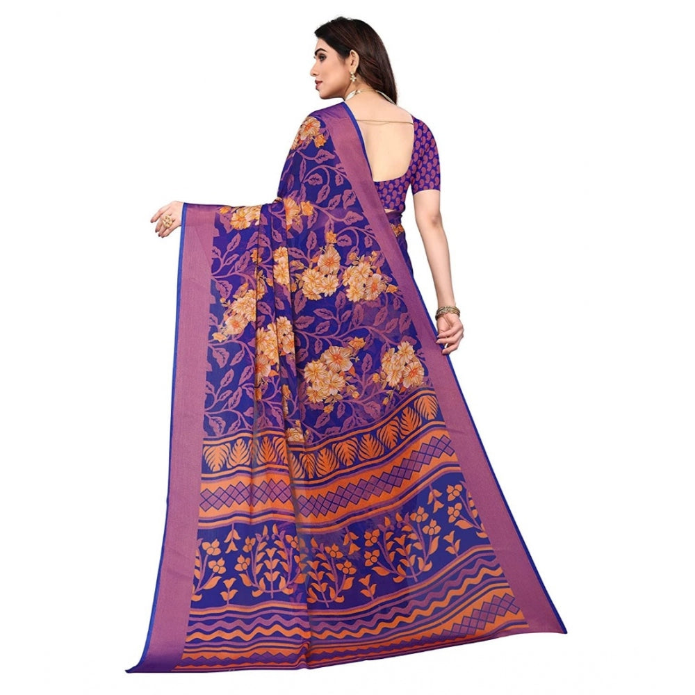 Women's Viscose Rayon Printed Saree With Unstitched Blouse (Blue)