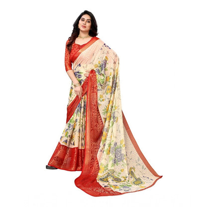 Women's Viscose Rayon Printed Saree With Unstitched Blouse (Red)