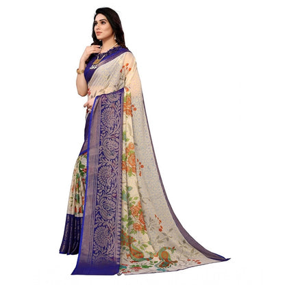 Women's Viscose Rayon Printed Saree With Unstitched Blouse (Blue)