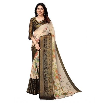 Women's Viscose Rayon Printed Saree With Unstitched Blouse (Black)