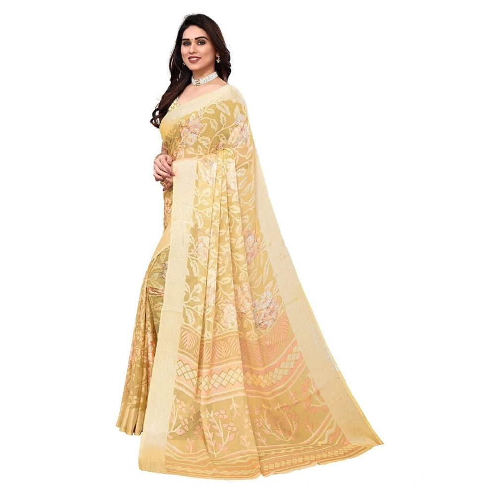 Women's Viscose Rayon Printed Saree With Unstitched Blouse (Yellow)