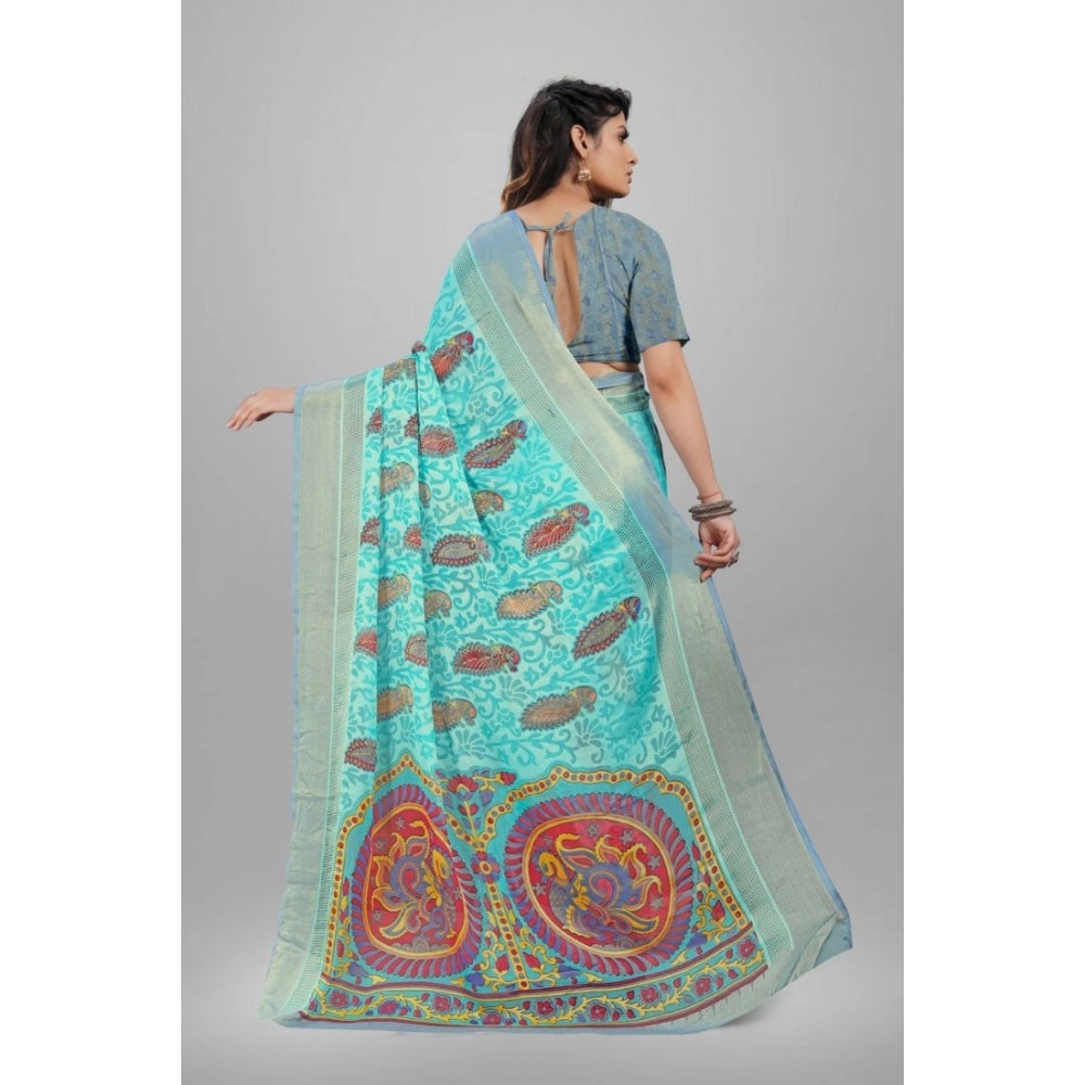 Women's Viscose Rayon Printed Saree With Unstitched Blouse (Sky Blue)