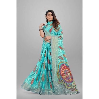 Women's Viscose Rayon Printed Saree With Unstitched Blouse (Sky Blue)