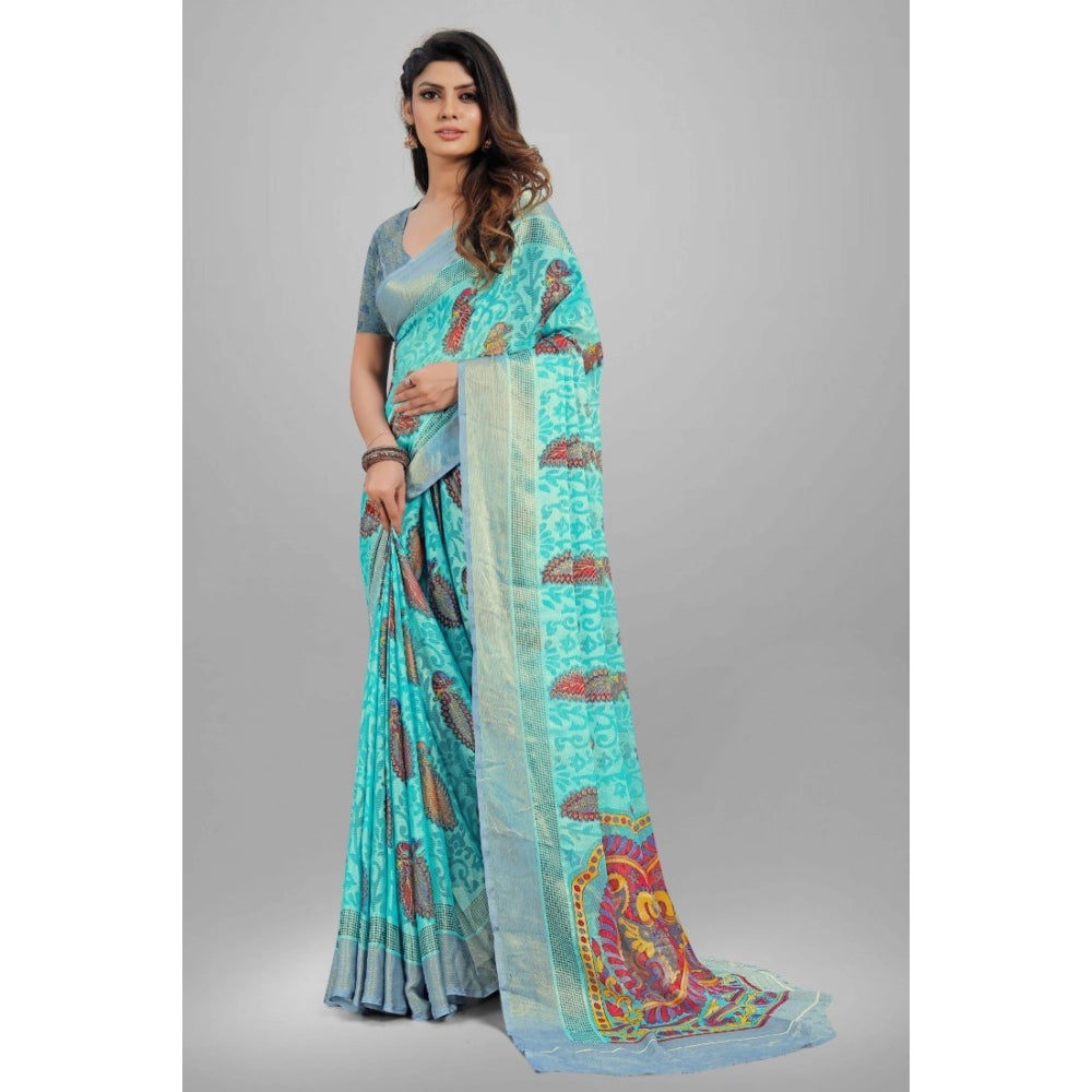 Women's Viscose Rayon Printed Saree With Unstitched Blouse (Sky Blue)