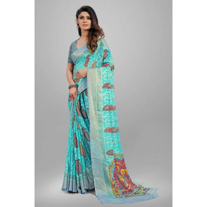 Women's Viscose Rayon Printed Saree With Unstitched Blouse (Sky Blue)