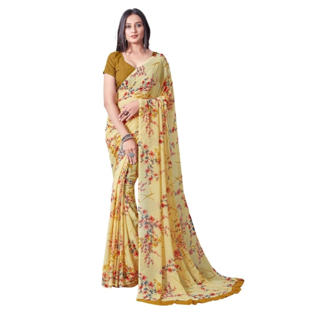 Women's Georgette Printed Saree With Unstitched Blouse (Yellow)