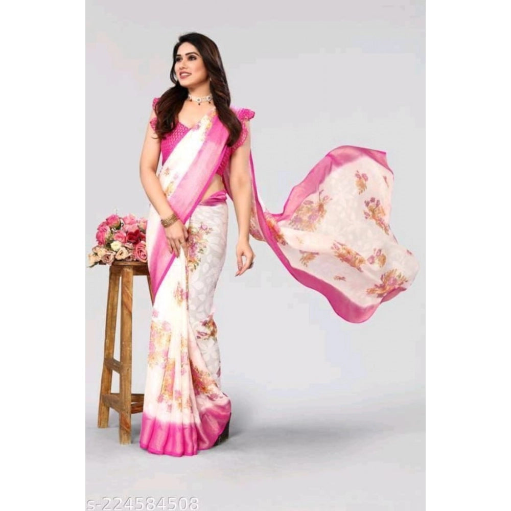 Women's Viscose Rayon Printed Saree With Unstitched Blouse (Pink)