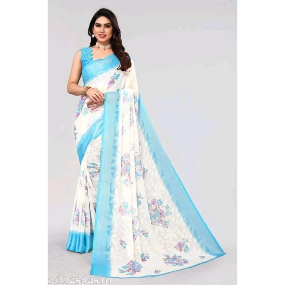 Women's Viscose Rayon Printed Saree With Unstitched Blouse (Sky Blue)