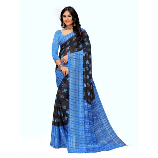 Women's Georgette Printed Saree With Unstitched Blouse (Blue)