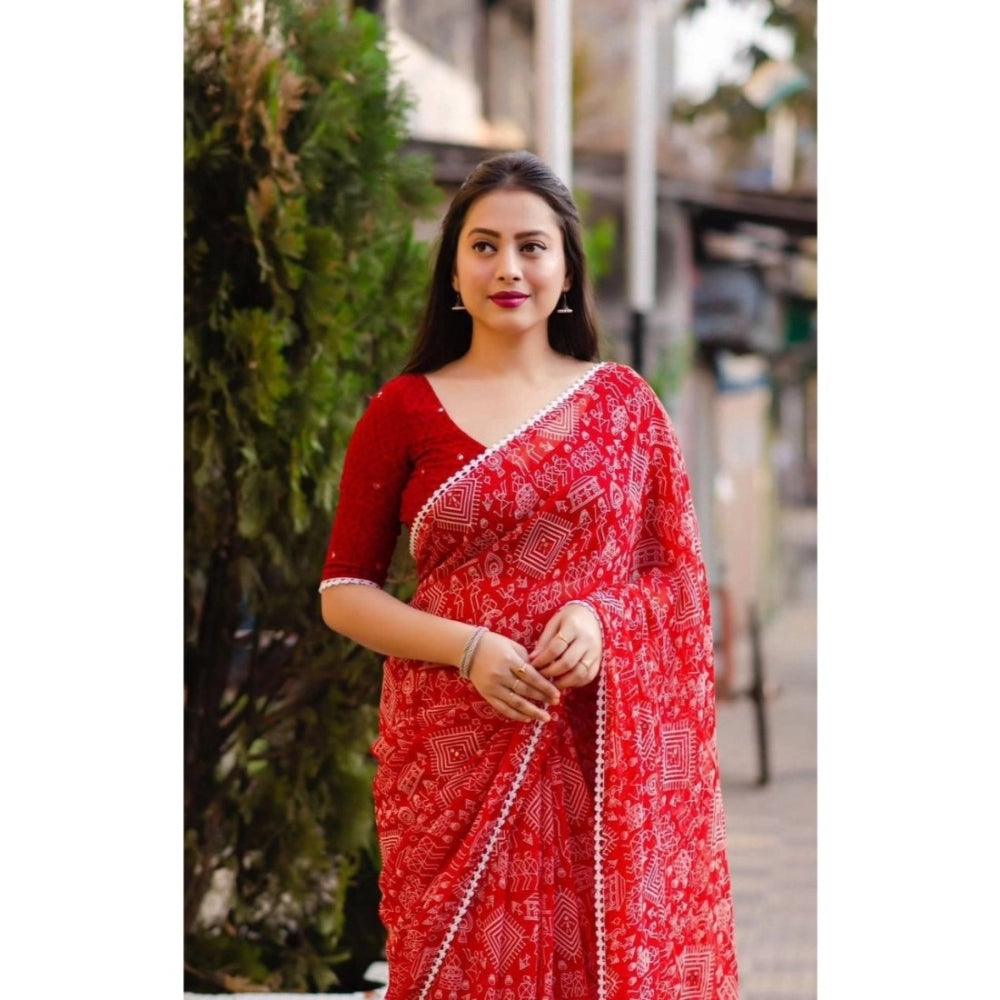 Women's Georgette Printed Saree With Unstitched Blouse (Red)