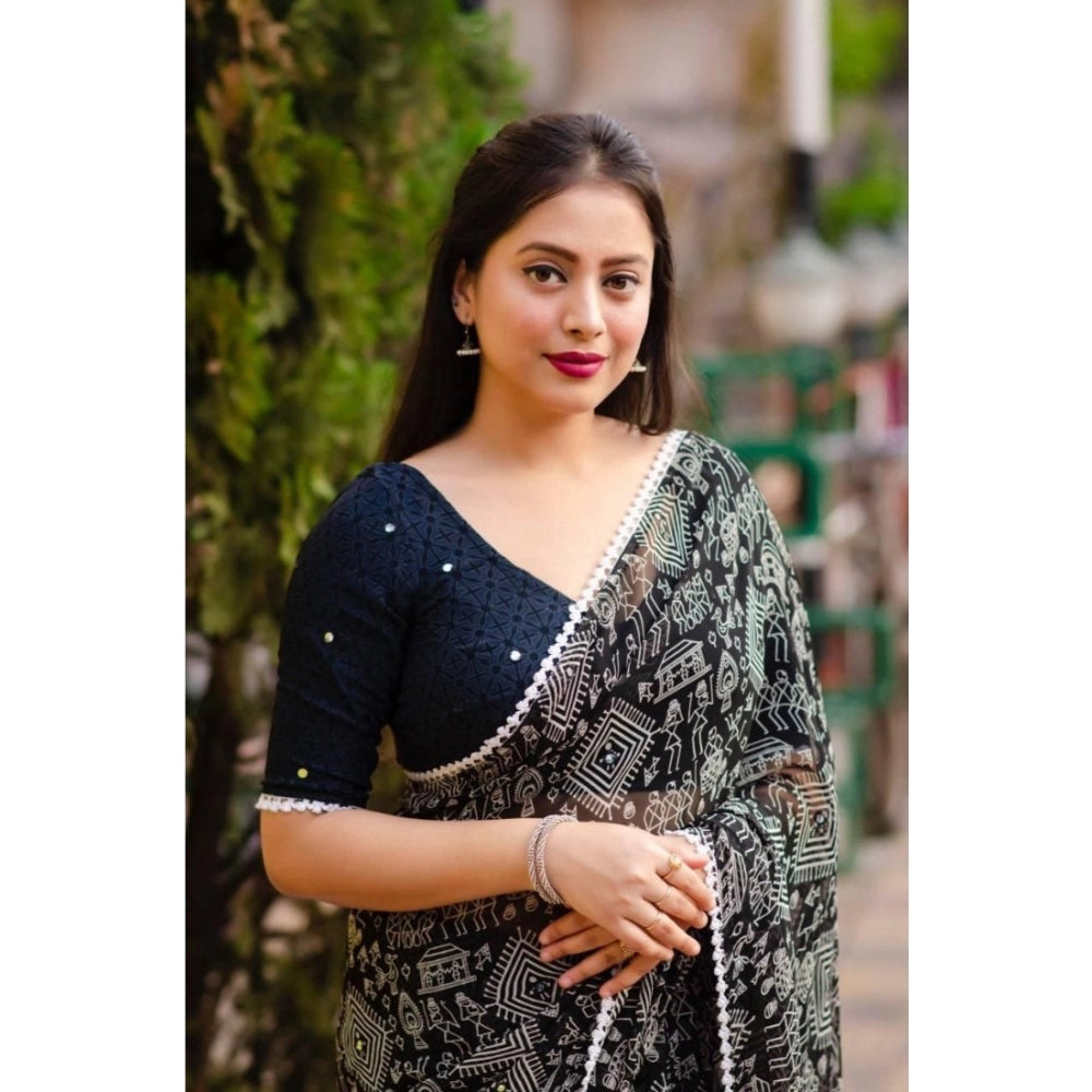 Women's Georgette Printed Saree With Unstitched Blouse (Black)