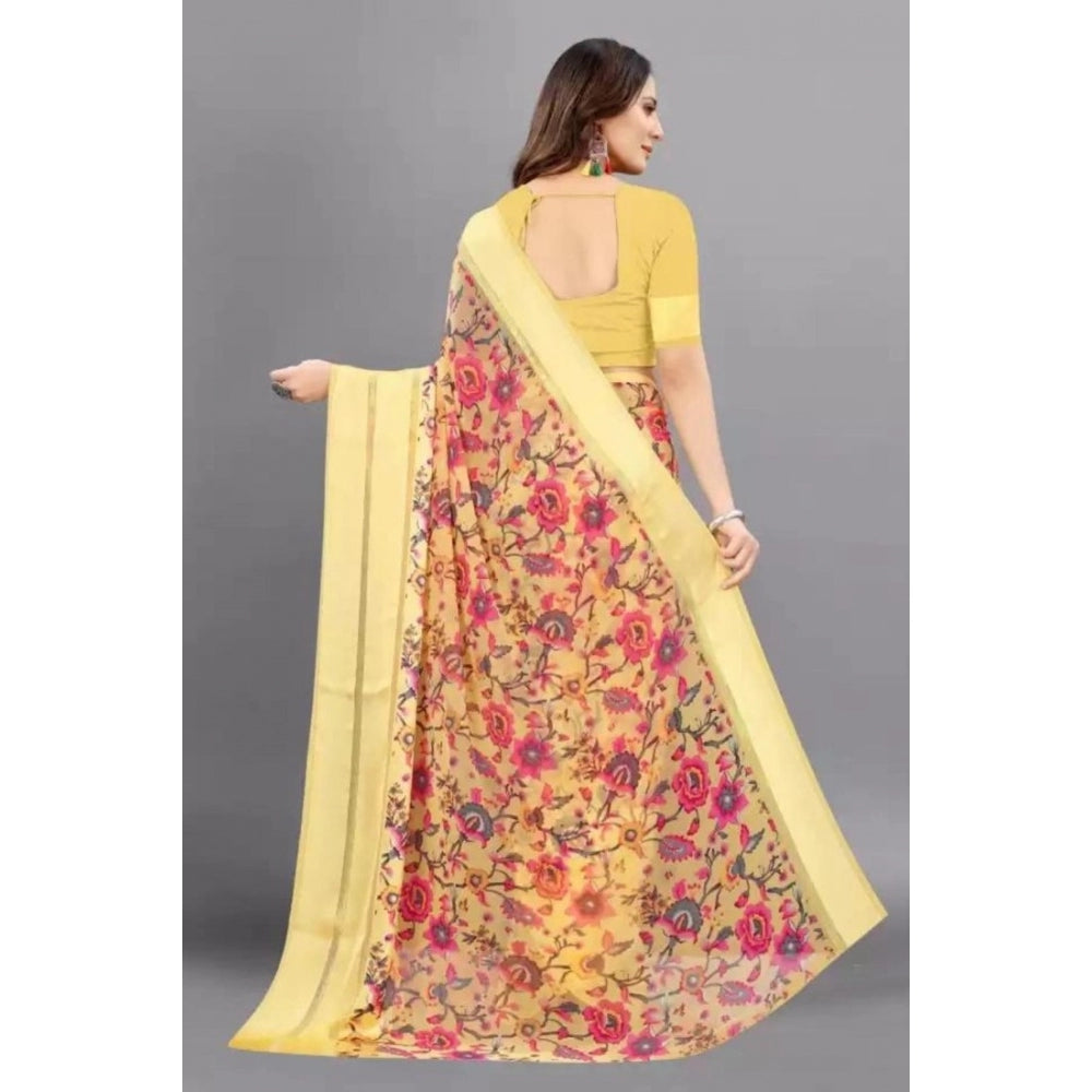 Women's Satin Patta Printed Saree With Unstitched Blouse (Yellow)