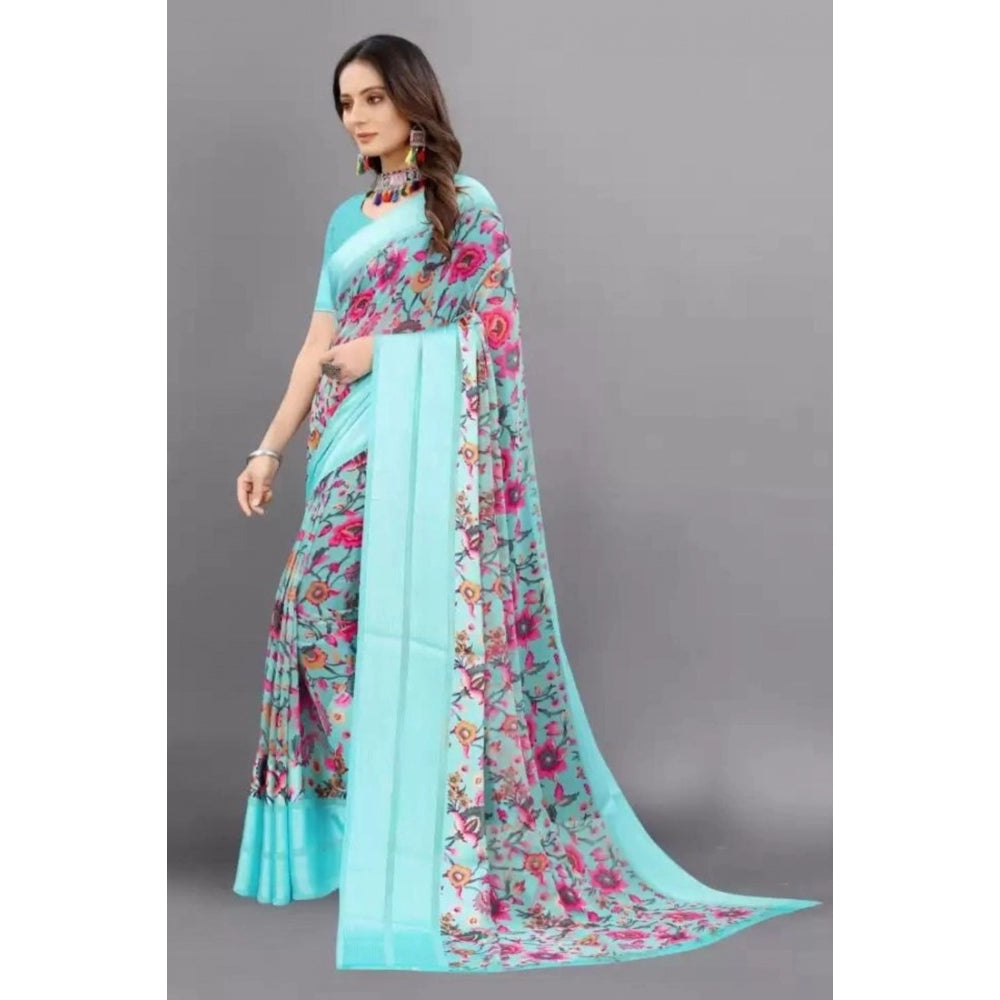 Women's Satin Patta Printed Saree With Unstitched Blouse (Skyblue)