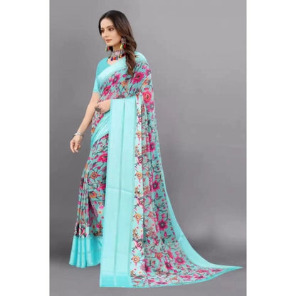 Women's Satin Patta Printed Saree With Unstitched Blouse (Skyblue)