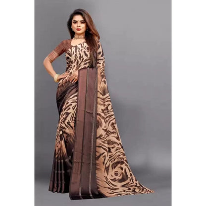 Women's Satin Patta Printed Saree With Unstitched Blouse (Brown)