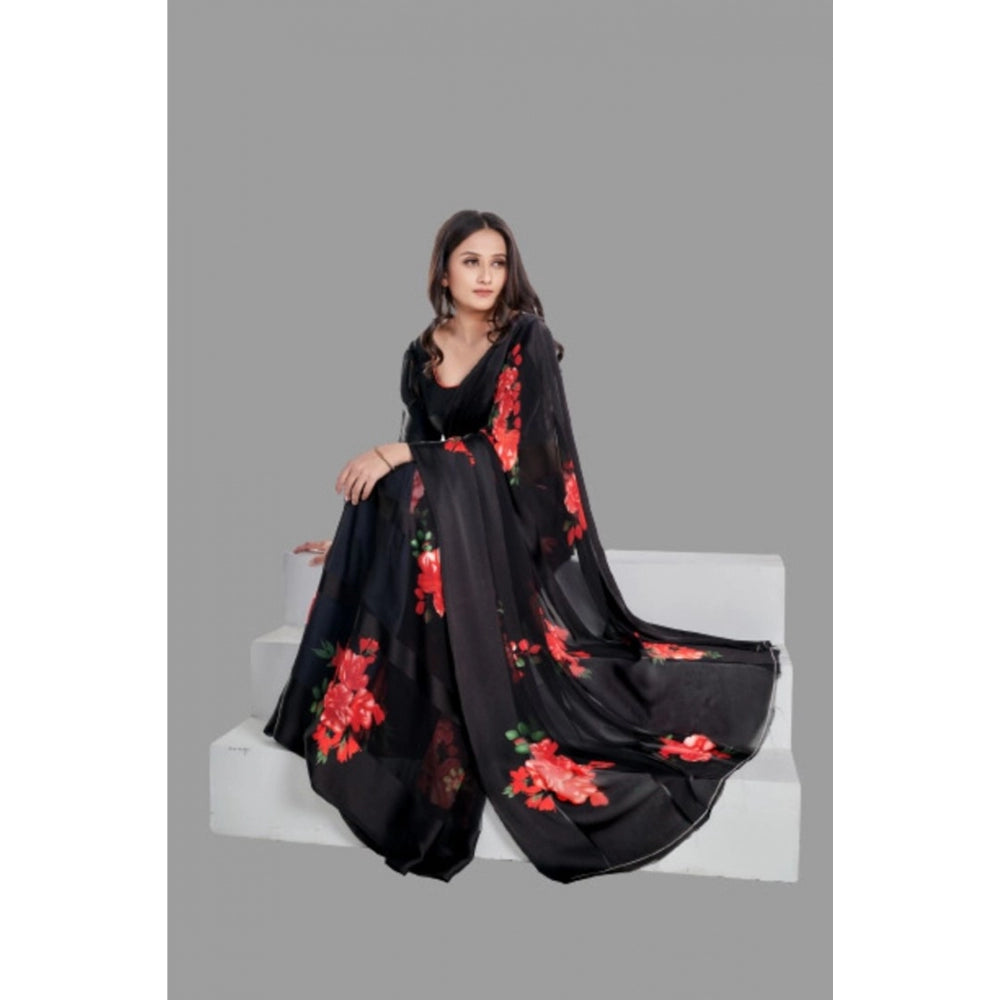 Women's Satin Patta Printed Saree With Unstitched Blouse (Red)