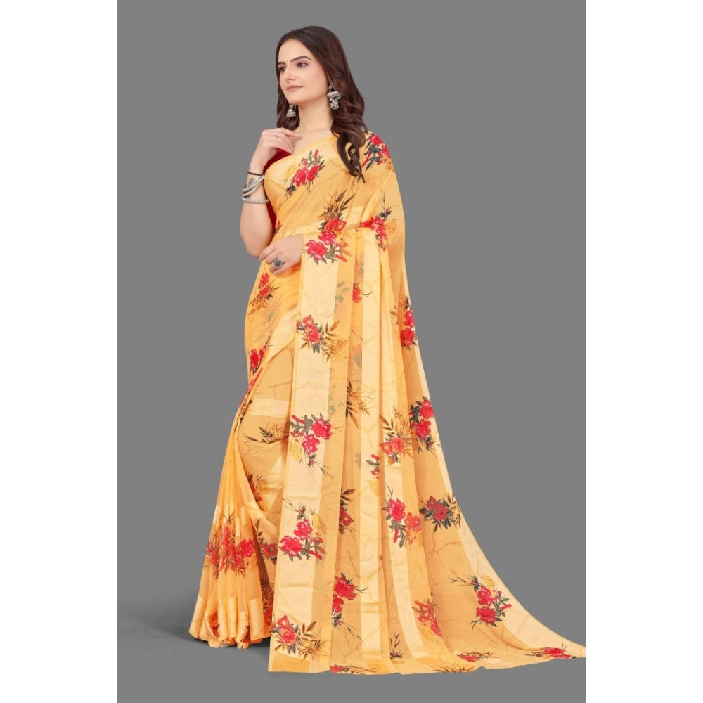 Women's Satin Patta Printed Saree With Unstitched Blouse (Beige)