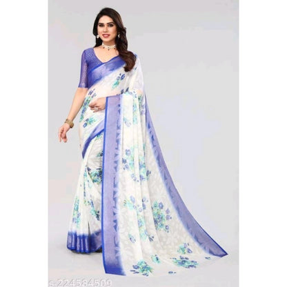 Women's Viscose Rayon Printed Saree With Unstitched Blouse (Blue)