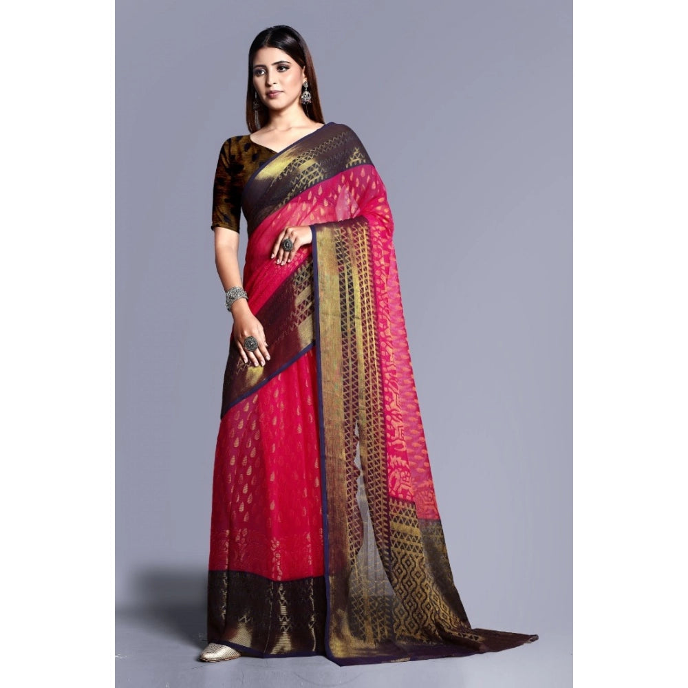 Women's Viscose Rayon Printed Saree With Unstitched Blouse (Pink)