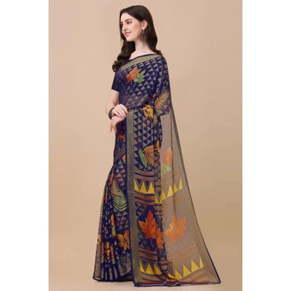 Women's Viscose Rayon Printed Saree With Unstitched Blouse (Navy Blue)