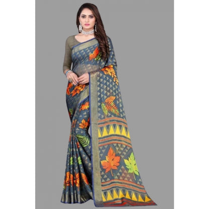 Women's Viscose Rayon Printed Saree With Unstitched Blouse (Grey)