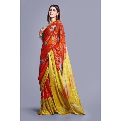 Women's Viscose Rayon Printed Saree With Unstitched Blouse (Red)