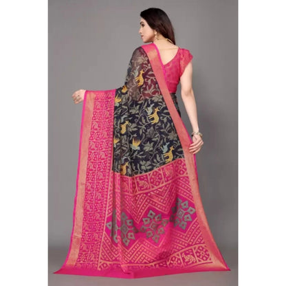 Women's Viscose Rayon Printed Saree With Unstitched Blouse (Navy Blue)