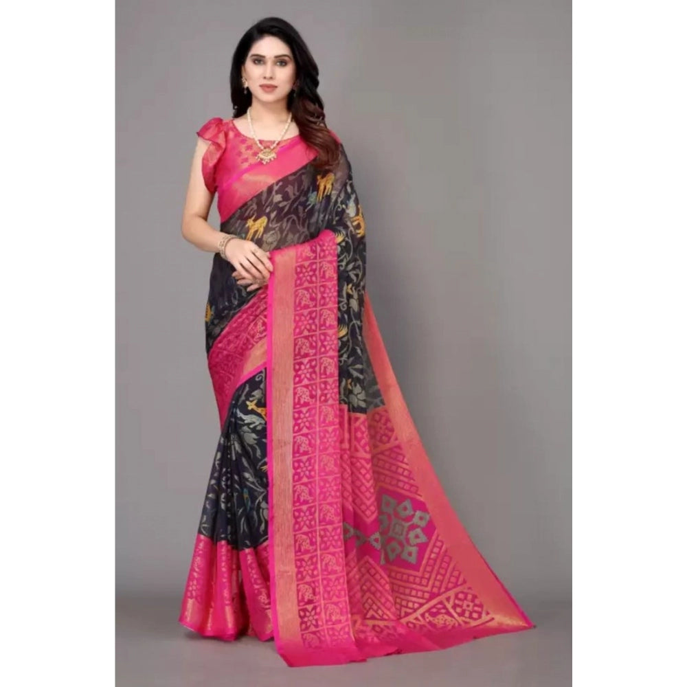 Women's Viscose Rayon Printed Saree With Unstitched Blouse (Navy Blue)