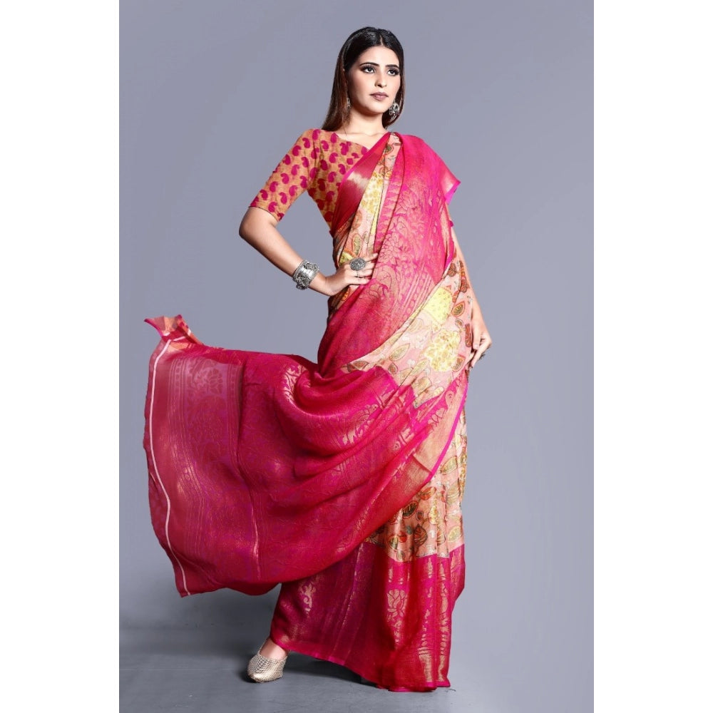 Women's Viscose Rayon Printed Saree With Unstitched Blouse (Pink)