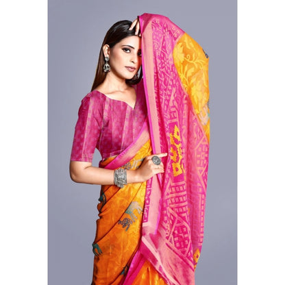 Women's Viscose Rayon Printed Saree With Unstitched Blouse (Yellow)