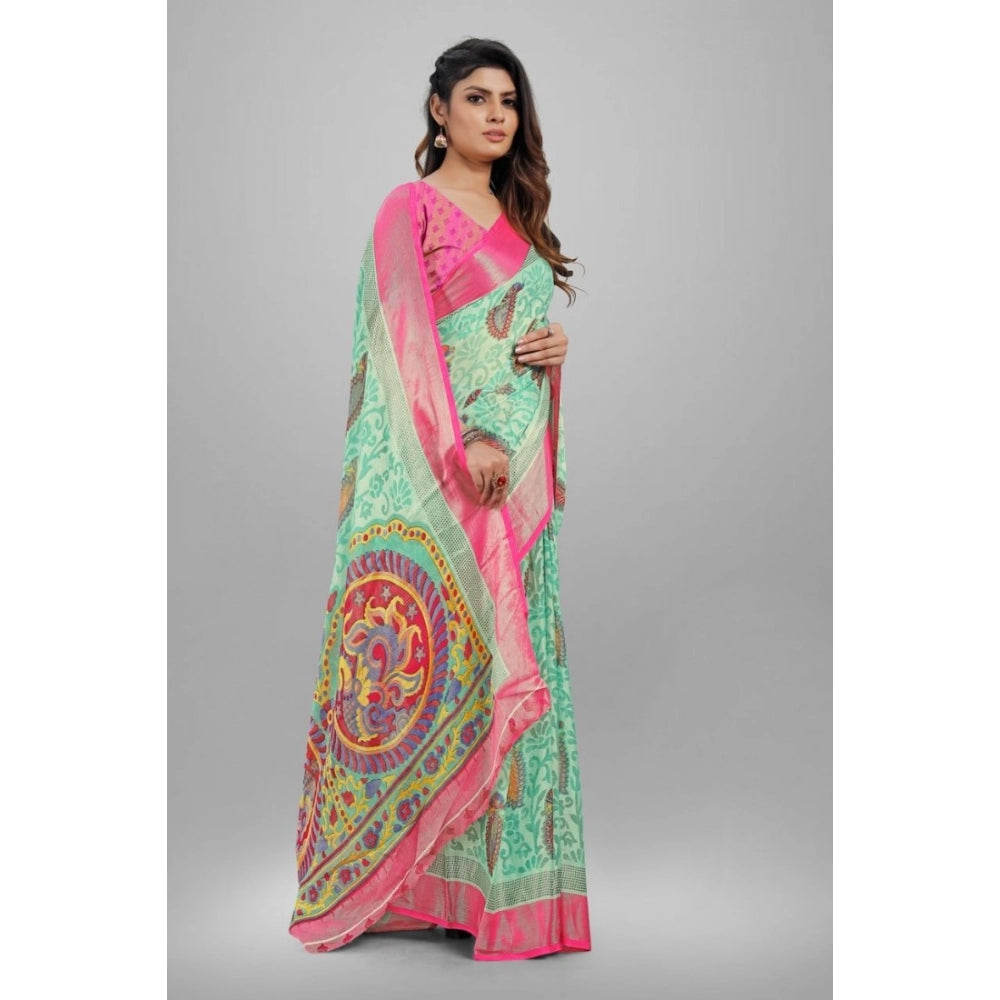 Women's Viscose Rayon Printed Saree With Unstitched Blouse (Teal)